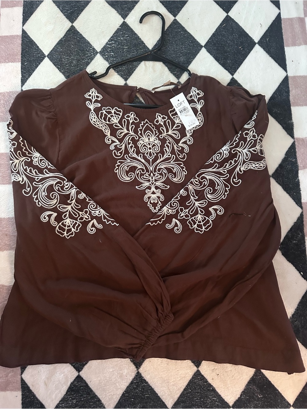 LOFT Brown Peasant Blouse with Ivory Embroidery
